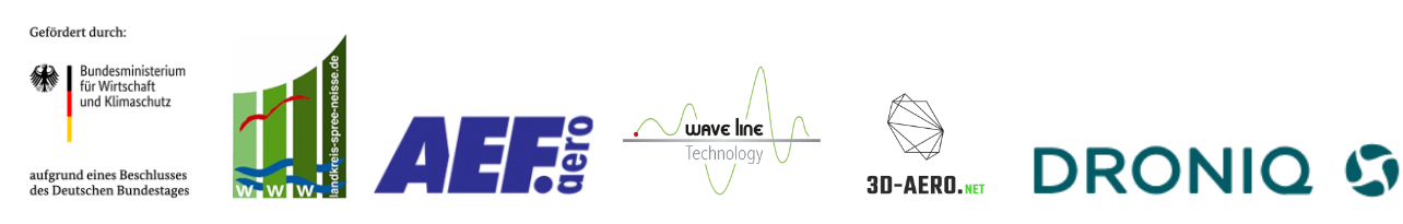 Logos der Projektpartner Logos Partner Bundesministerium für Wirtschaft und Klimaschutz, LKSPN, AEF.gero, Wave Line Technologie, 3D-Aero.net, DRONIQ